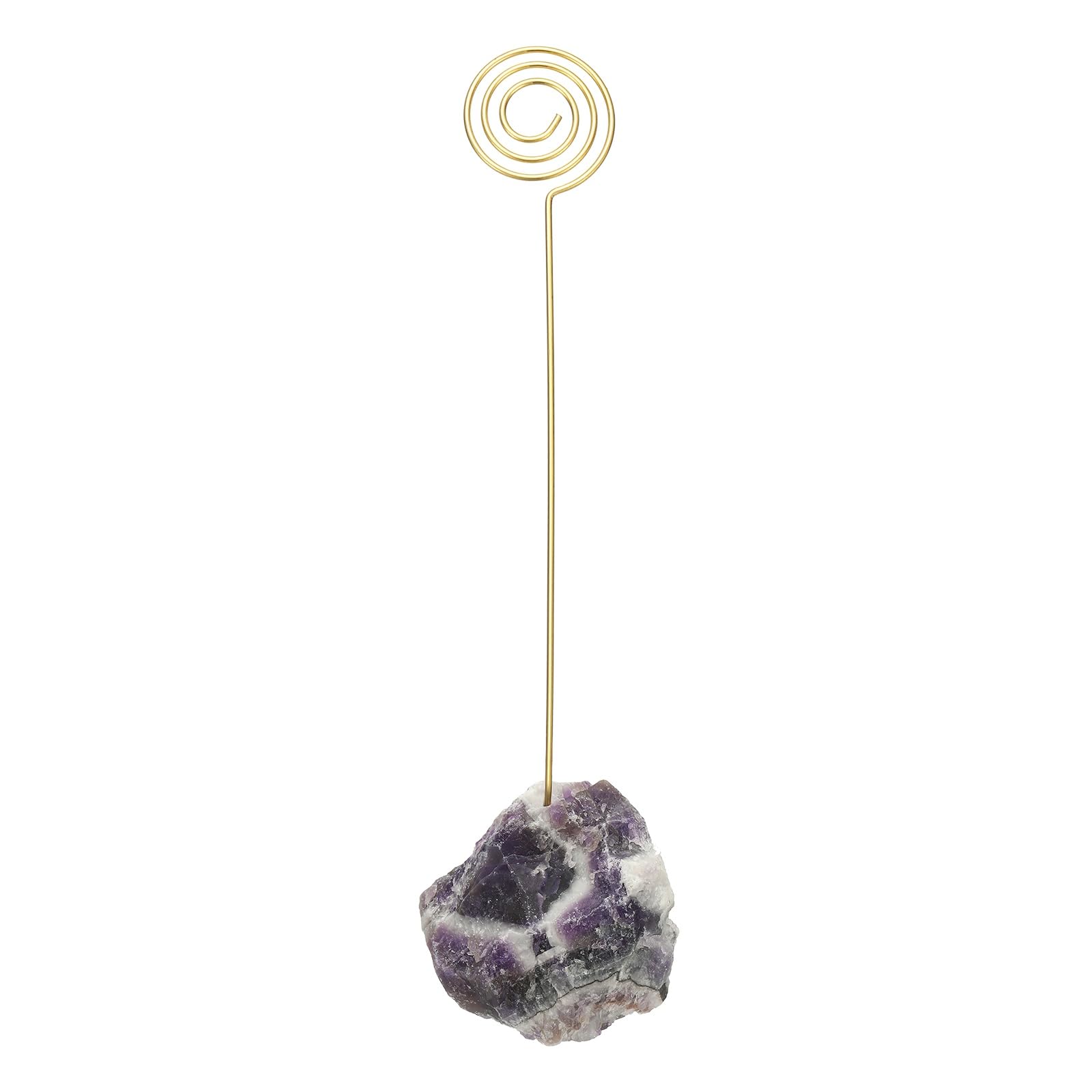PATIKIL Table Number Holder, 1Pcs Photo Clip Holders Crystal Stone Quartz Desk Card Holder Raw Lollipop Shape Iron Memo Note Photo Stand for Wedding Party Home Office Decor, Purple
