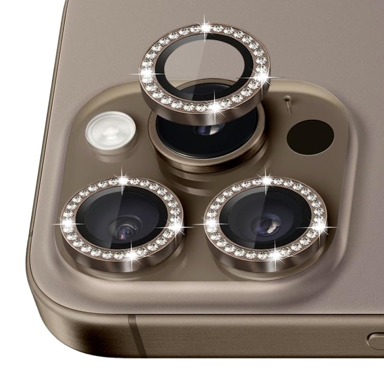 Image of Compatiable with iPhone 16 Pro / 16 Pro Max Camera Lens Protector Ring - Diamond Design | 9H Tempered Glass | HD Clear | Anti-Scratch | Anti-Drop Desert Titanium Diamond