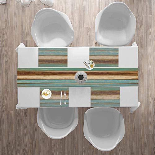 Farmhouse Rustic Teal Table Runner With 4 Placemats Retro Teal Green Brown Wood Style Waterproof Linen Table Runners Placemats Set For Dining Table Heat Resistant Set #TOP6