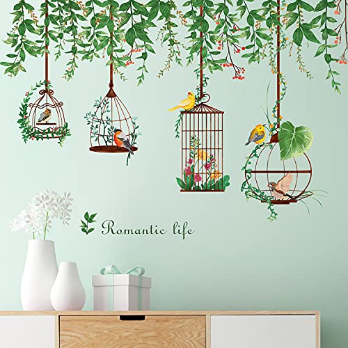 Branch Vine Birdcage Wall Sticker Colorful Birds and Flowers Pastoral Style Wall Decals Romantic Iife Wall Stickers Decals Branch Vine Wall Decals DIY Art Decor for Bedroom Study Living RoomTV Wall