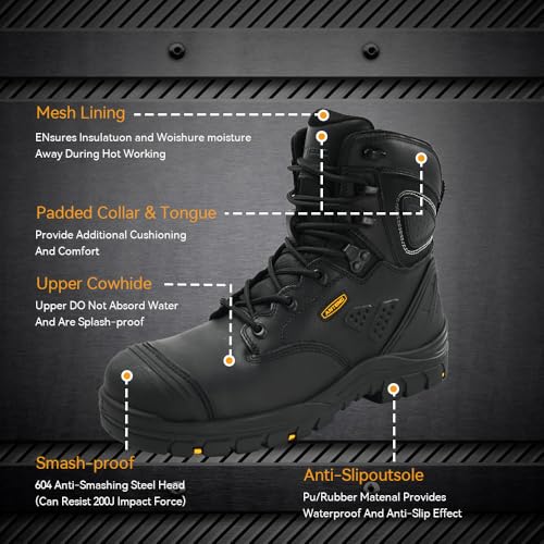 Image of Men's Work Boots, Oiled Nubuck Leather Steel Toes Mens Work Shoes, Non Slip Lace Up Protective Shoes, 8 Inch, Anti-Static, Anti-Puncturing, Anti-Fatigue (AT505, Black,9)