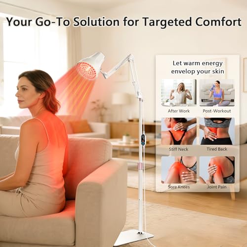 150W Floor Infrared Lamp, 660nm Red Light & 810-1000nm Infrared Light Lamp, 3 Power Settings & 10-90Mins Timer, Flexiable Adjustable Height and Angle, for Relaxation at Home - Image 4