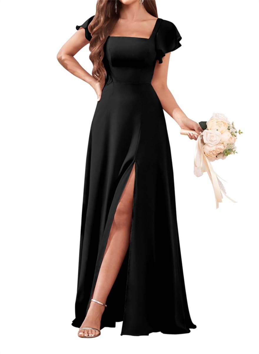 Wseyu Women's Black Chiffon Bridesmaid Dresses For Wedding With Ruffle Sleeve Long Formal Party Gowns Uk14