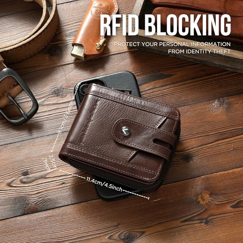 Zipper Wallet for Men Genuine Leather with Zip Coin Pocket RFID Blocking Large Capacity Bifold Purse Front Pouch Card Holder Case for Cash ID Travel, Carteras Billeteras para de Hombres Cuero2