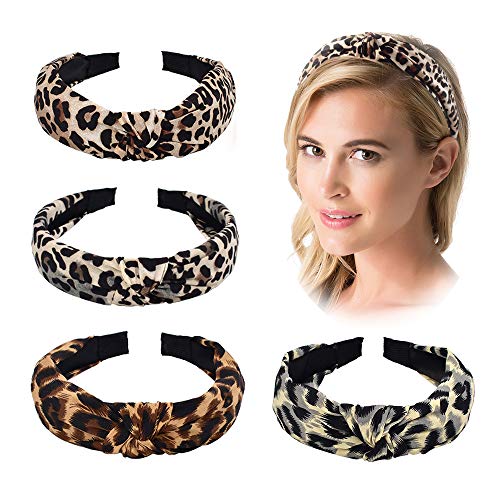 Hvinie Knotted Leopard Wide Headbands for Women 4 Pack, Fashion Elegant Vintage Elastic Cross Knot Hairband Headwrap for Women Girls Hair Accessories