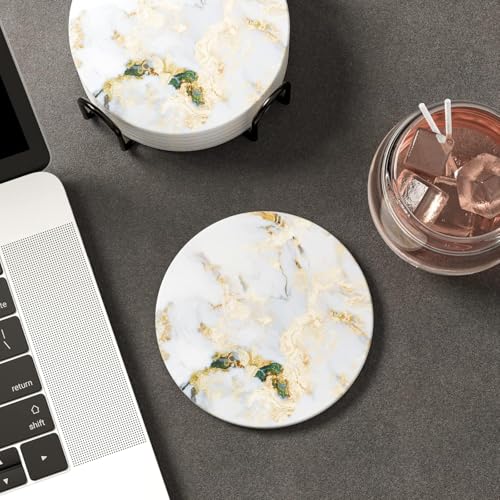 Image of TIED RIBBONS Set of 6 Drink Coasters with Holder (Marble Print, 4inch) - Ceramic Coasters for Drinks Minimalist Home Decor Tea Coffee Cup Coaster Desk Tabletop Bar Wine Kitchen - Gifting Item