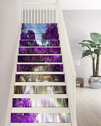 FLFK 39.3" w x 7" h x 13pieces 3D Waterfall Purple Flower Trees Stair Risers Sticker Removable Wall Mural- Peel Off & Stick Wallpaper Home Decor