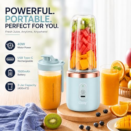 Image of Juicer for Home ^ CITRODA Juicer Mixer Grinder with 1500mAh Battery, 6 Blades 3Gears Fast Blending, 2-Jar Capacity (400ml*2) | 40 Watts Bullet Rechargeable Portable Personal Juicer (Skyblue)