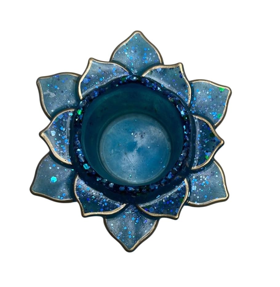 Resin Open Lotus Tealight Holder, Blue Glitter Diya, Gold Edged Flower Design, Home Decor, Festive Pooja, Reusable Candle Stand, Table Accent, Gift-image-43