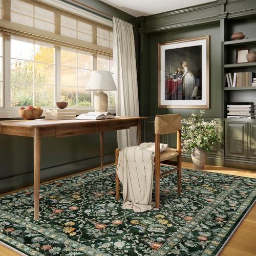 Image of Vintage Botanical Dark Green Area Rug 5x7 Elegant Floral Pattern, Durable Stain-Resistant Fabric, Perfect for Living Room, Bedroom, Dining Room Decor