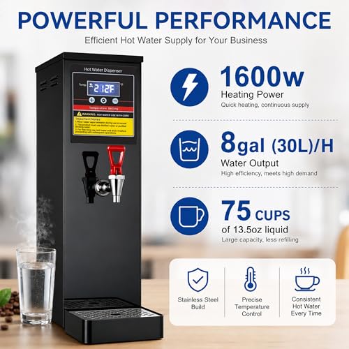 Commercial Hot Water Dispenser 30L(8GAL)/H Countertop Water Boiler, 1600W Step Heating Hot Water Machine with 86-212°F Temp Control, Auto Refill for Coffee Tea Shop Office Restaurant, Black - image 2