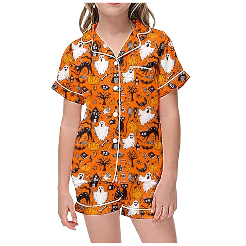 Halloween Kids Sets Girls 10-12 Cute Pumpkin Print Button Down Short Sleeve Shirt and Shorts Z1-White 10-11 Years