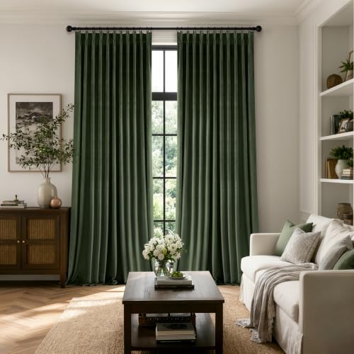 Image of MIULEE Velvet Pinch Pleated Extra Wide Olive Green Blackout Curtains 70x96 | Thermal Insulated, Luxury Window Drapes, Pleat Design for Sliding Glass Door Bedroom Living Room with Hooks, Set of 2