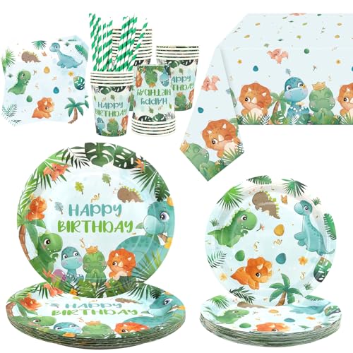 Lilwemen Decoração de festa de aniversário de dinossauro, inclui pratos, toalha de mesa, guardanapos, louça, acessórios de festa de dinossauros para meninos e meninas