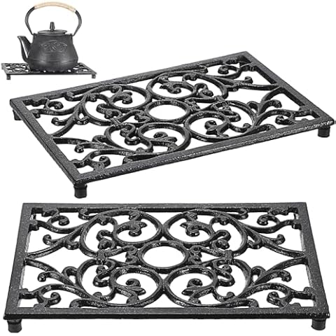Kokone 2 Pack Trivets for Hot Dishes - 9.4 x 6.1 Inch Cast Iron Trivet with Rubber Feets,Heat Resistant Trivets for Hot Pots and Pans,Rustic Metal Trivet for Kitchen Counter Dining Table Cooktop Cover
