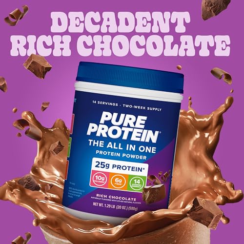 Image of Pure Protein All-In-One Powder, Rich Chocolate - Whey & Collagen, High Fiber, Vitamins, No Added Sugar, Non-GMO, Gluten-Free, 1.25lb