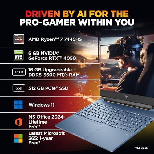 Image of HP Victus, AMD Ryzen 7 7445HS, 6GB RTX 4050, 16GB DDR5(Upgradeable) 512GB SSD, 144Hz, IPS, 300nits, FHD, 15.6'' /39.6cm, Win11, M365* Office24, Blue, 2.29kg, fb3130AX, Backlit, DTS Audio, Gaming Laptop