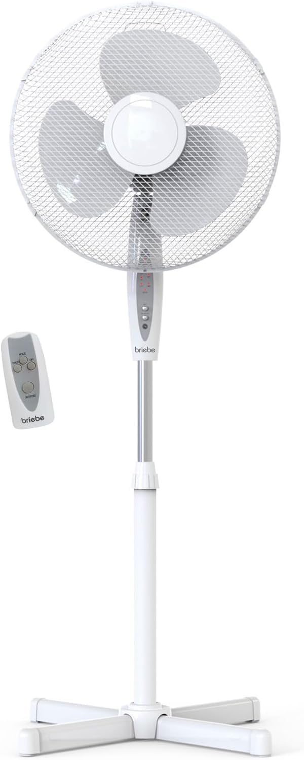 briebe Ventilador de Pie Silencioso con Mando a Distancia, 40cm, Temporizador, Oscilante, 3 Modos Funcionamiento, 3 Velocidades, Regulable Altura 100-​125cm, Blanco