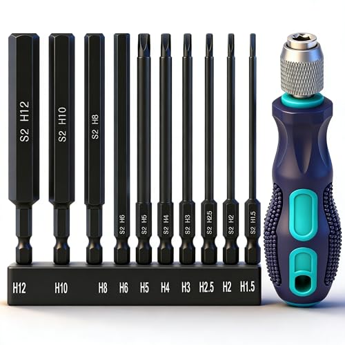 CYLBAQ Juego de puntas hexagonales largas y hexagonales, juego de puntas de 1,5 – 12 mm, vástago hexagonal de 1/4 pulgadas, llave Allen Key magnética, destornillador hexagonal S2, negro (100 mm