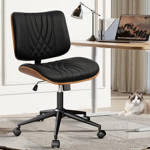 Image of CLATINA Office Desk Chair, Armless Home Chair with Wheels, Adjustable Height Reading Chair, Leather Mid Back & Swivel Computer Chair, Modern Walnut Chairs with Back for Studio Meeting Room(Black)