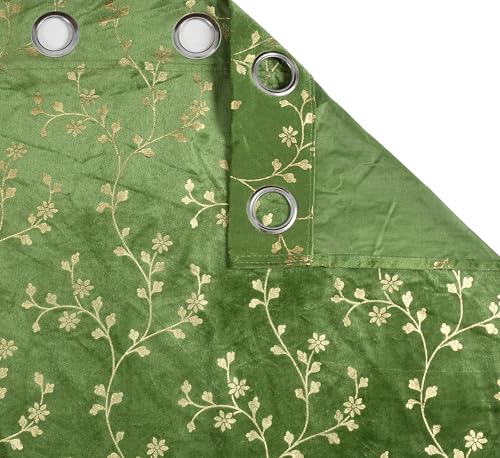 Image of Heavy Velvet Fabric Room Darkening Floral Design Curtains 7 Feet for Door, Green, Pack of 2 Pieces
