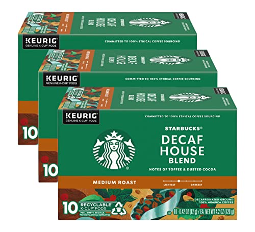 Image of Starbucks Decaf House Blend Coffee K-Cup Pods, Medium Roast Decaffeinated Ground Coffee K-Cups for Keurig Brewing System, 10 CT K-Cups /Box (Pack of 3 Boxes)