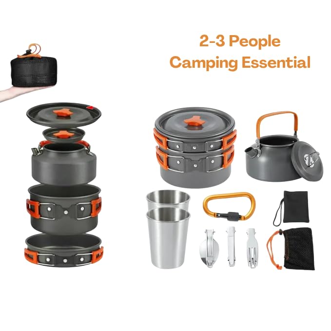 Image of 12-Piece Camping Cookware Mess Kit with Tea Pot, Lightweight Nonstick Pot & Pan Set with Spork, Bowls, Knife & Travel Bag - Compact Outdoor Cooking Gear for Backpacking, Hiking, Scouts