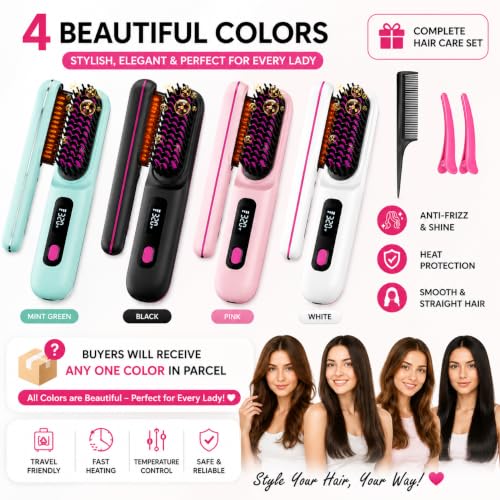 Image of Go Brush Pro Cordless Hair Straightener Brush (2026 Upgrade), Mini Portable Rechargeable Straightening Comb, 20s Fast Heat, 3 Temp Settings, Ionic & Ceramic Care, 4000mAh USB-C, Travel Friendly, Frizz-Free Styling