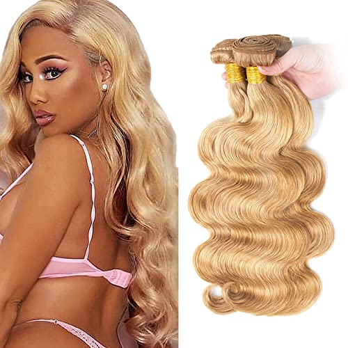 Highlight Bundles Ombre Honey Blonde Bundles Human Hair P27/613 Body Wave Bundles 2 Tone #613 Blonde and #27 Honey Blonde Bundles Double Weft Body Weave Hair For Women 18 20 22 inch