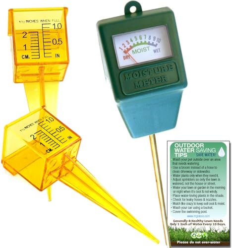 Moisture Sensor Combo, Meter & Rain Sprinkler Gauge + Outdoor Tips | Flower, Mulch, Plant, Grass & Garden Care