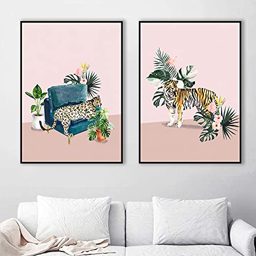 Vlolife Jungle Tiger And Cheetah Print Pink Animal Leopard Posters And Prints Tropical Botanical Pictures For Living Room Decor 2 Pieces No Frame 16X24Inchx2 Unframed #TOP2