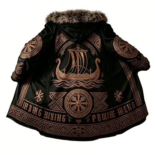 Image of Viking Mythology Mens Hooded Cloak Nordic Faux Cashmere Hoodie Winter Warmer Overcoat Mid-Length Parka Jacket