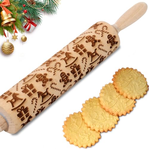 Christmas Embossed Rolling Pin for Baking Cookies Embossing Rolling Pins with Design Wooden Engraved Springerle Roller Pin Dough Patterned Clay Pottery Ceramic Bakers Women Kids (Gingerbread Man)