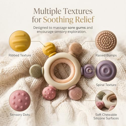Image of Blushbaby Silicone & Wooden Baby Teether for 3+ Months Babies | BPA Free Soft Chew Teething Ring for Infants & Newborns | Safe Sensory Teether for Gum Relief | Round Shape | Beige
