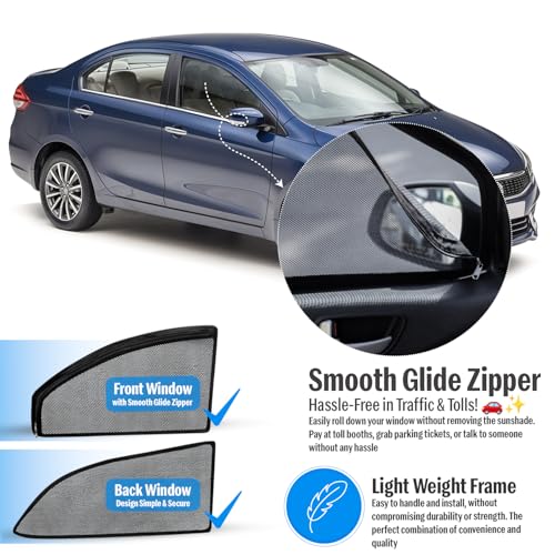 Image of Autofact Magnetic Car Sunshades Compatible with Maruti Ciaz (2014 to 2024) (Set of 4) - Easy Installation, UV Protection, Keeps Car Cool (Front 2 with Zippers, Rear 2 Without Zippers)