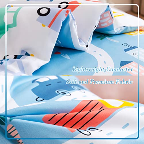 Image of PERFEMET 4-Piece Toddler Bedding Set Boys Cars Toddler Comforter with Sheets Reversible Lightweight Blue Vehicles Toddler Bed Set for Crib(Blue, Cars)