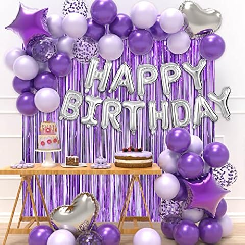 JOYYPOP Birthday Party Decorations Happy Birthday Balloons Banner with Purple and Silver Balloons Set, Purple Foil Fringe Curtain for Women Girl Birthday Party (Purple） Cover