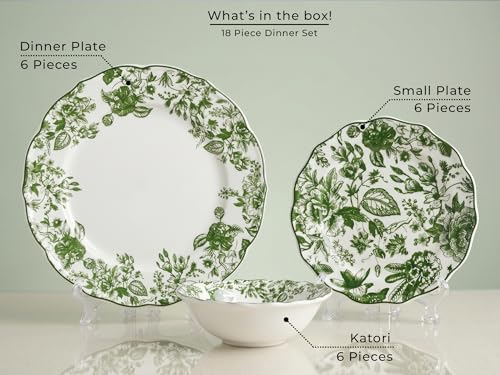 Image of Bodhi House Porcelain Dinner Set 18 Pieces - Green Leaf | 6 Dinner Plates, 6 Quarter Plates, 6 Katori Bowls | Premium Crockery Set for Dining, Kitchen & Gifting