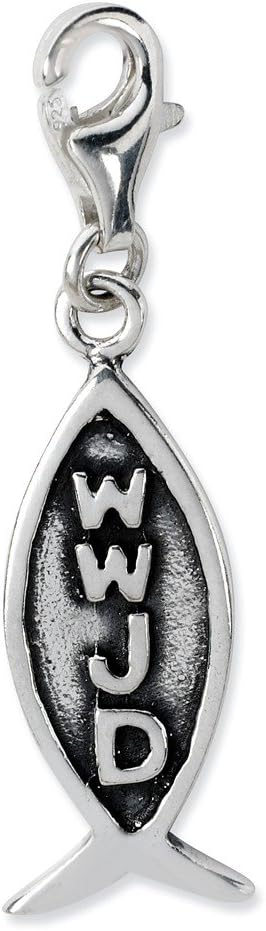 Solid 925 Sterling Silver Antiqued Wwjd Ichthus Lobster Clasp Charm (0.39 x 1.69 Inches)
