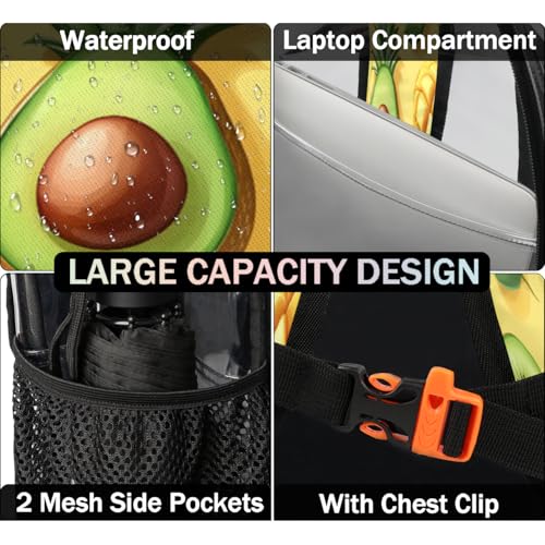 Strawberry Cherry Mangos Clear Backpack for Stadium Events, Funny Fruit Waterproof Clear Bag for Women Men Adult Sport Work Daily Music Festival and Concerts3