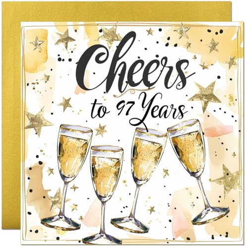 97th Birthday Card - Cheers to 97 Years - Elegant Birthday Card with Mettalic Gold Envelope