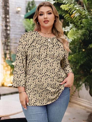 Image of Chulianyouhuo Womens Plus Size Tops 3 /4 Sleeve Casual T Shirts | Crew Neck, Pleated Blouse Tee, Dressy Casual Shirts, Loose Fit Tunic Tops, Soft Fabric, Going Out Outfits