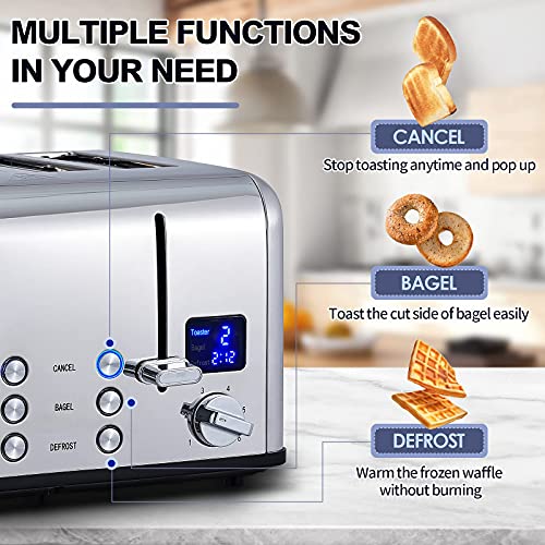 Cusimax 4 Slice Toaster, Ultra-Clear Led Display & Extra Wide Slots, Dual Control Panels Of 6 Shade Settings, Cancel/Bagel/Defrost Function, Removable Crumb Trays, Stainless Steel Toaster #TOP5