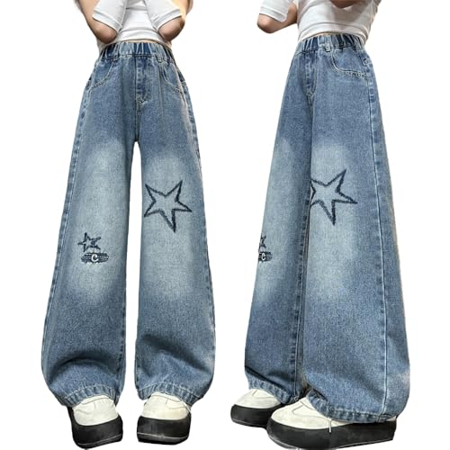 Girls Baggy Jeans, Stretchy Waist Wide Leg Jeans with Star Embroidery - Soft Loose Fit Pants with Pockets for Kids