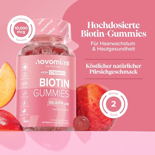 Biotin Hochdosiert - 10.000 mcg - Für 2 Monate - Vegan Haar Vitamine - Haarausfall Frau - Haarwachstum Beschleunigen - Biotin Komplex für Haut Haare Nägel - 90 Gummies - Novomins