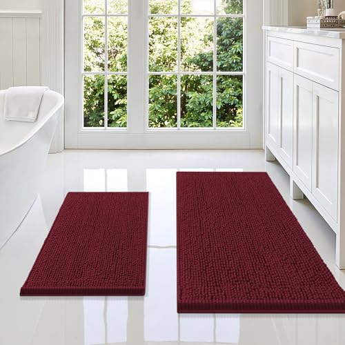Image of Smiry Bathroom Rugs Sets 2 Piece, Soft Absorbent Chenille Machine Washable Non Slip Shaggy Bath Rug Set for Tub, Shower, and Floor (36x24+24x16, Burgundy)