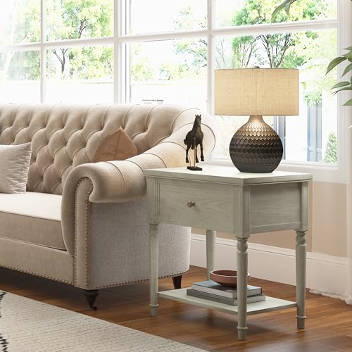 Image of Chogori Solid Wood Nightstands Set of 2 with Drawer, Farmhouse End Table Sofa Side Table with Storage Shelves, Real Wood Beside Table Accent Table for Small Spaces, Living Room, Easy Assembly, Gray