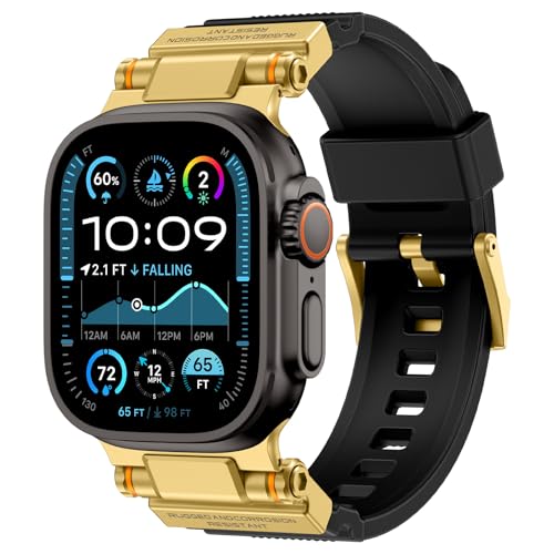 Image of FOAMUNOC Rugged Band Compatible with Apple Watch Ultra 3 /2 /1 Band 49mm /46mm /45mm /44mm /42mm, Metal Connector with Silicone Strap for iWatch Ultra Series 11 /10 /9 /8 /7 /6 /SE3 /SE2 /SE /5 /4 /3 /2 /1, Gold Black