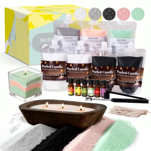 VUSIBA 64 Oz Pearled Candle Sand with Wicks - 4 Lb Colorful Sand Candle Kit with Wooden Dough Bowl & Fragrance Oils - DIY Refillable Pearled Candle for Home Decor
