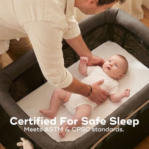 Image of Babymoov Moov & Comfy 3-in-1 Lightweight Travel Crib, Baby Play Yard, and Infant Bassinet, Charcoal Grey